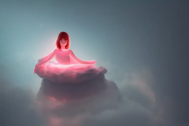 Image similar to a cute alien girl sitting on a cloud relaxing, misty, glows, digital art, hazy, foggy, red lighting, ambient lighting, 8 k,