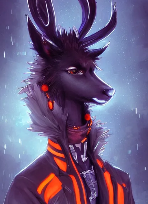 Image similar to award winning beautiful portrait commission of a male furry anthro Black Reindeer fursona with a tail, wings and a cute beautiful attractive detailed furry face wearing stylish black and orange cyberpunk clothes in a cyberpunk city at night while it rains. Character design by charlie bowater, ross tran, artgerm, and makoto shinkai, detailed, inked, western comic book art