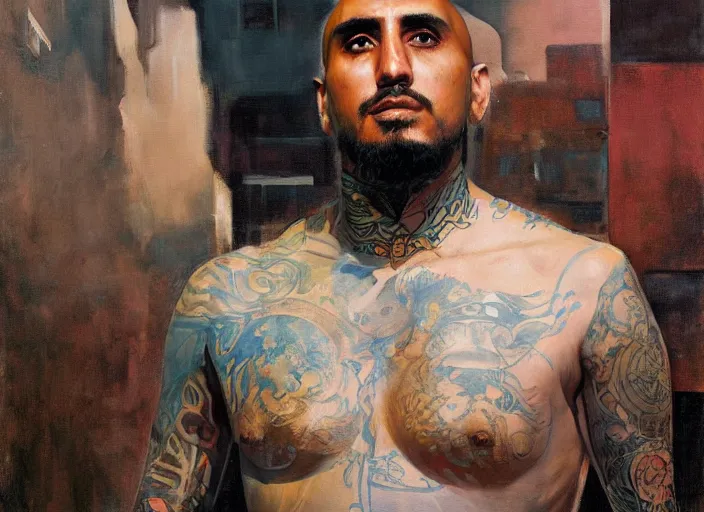 Prompt: a highly detailed beautiful portrait of arturo vidal cyberpunk, by gregory manchess, james gurney, james jean