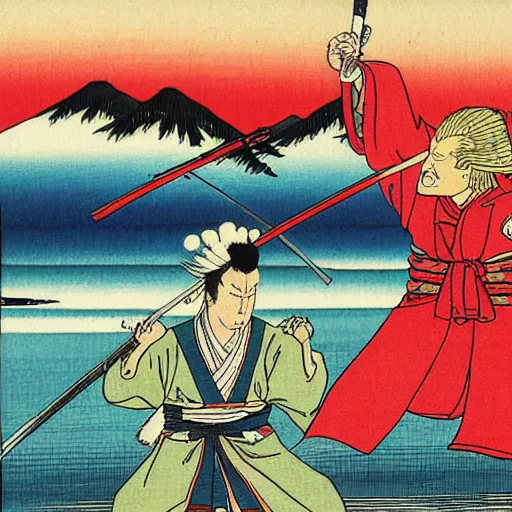 Prompt: Donald Trump in a samurai costume by Hiroshige