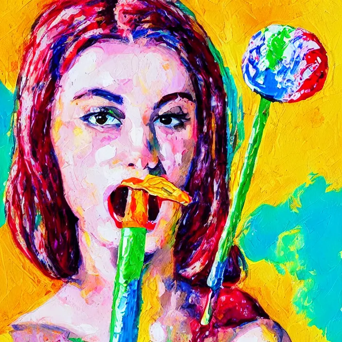 Image similar to portrait of beautiful woman licking a lollipop painted with colorful gouache impasto