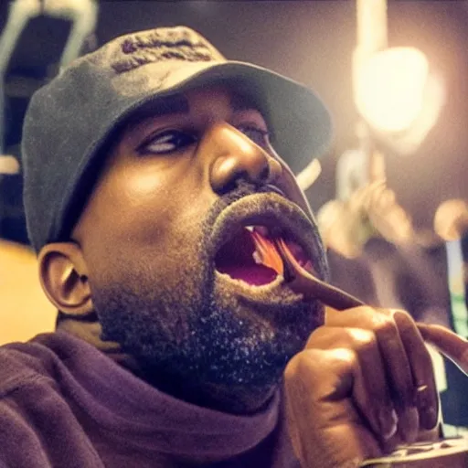 Image similar to blurry, gopro footage of kanye west eating at taco bell, cinematic, volumetric lighting, night, rain