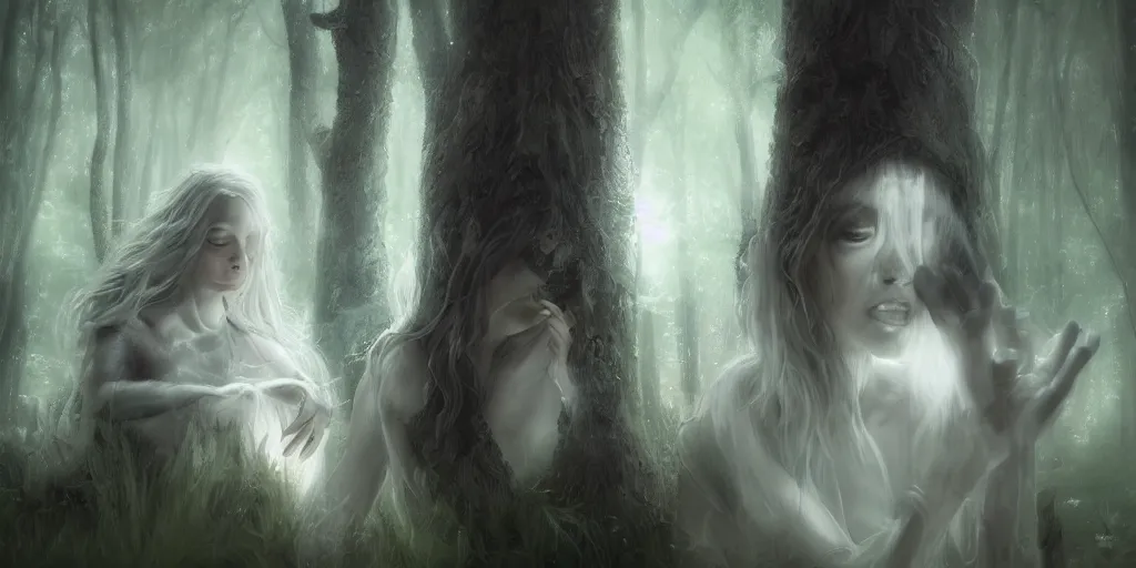 Prompt: a portrait of the ghost lady with a wood spirit in the trees with misty will o the wisp, photorealistic, by wlop, 4 k resolution h 7 6 8