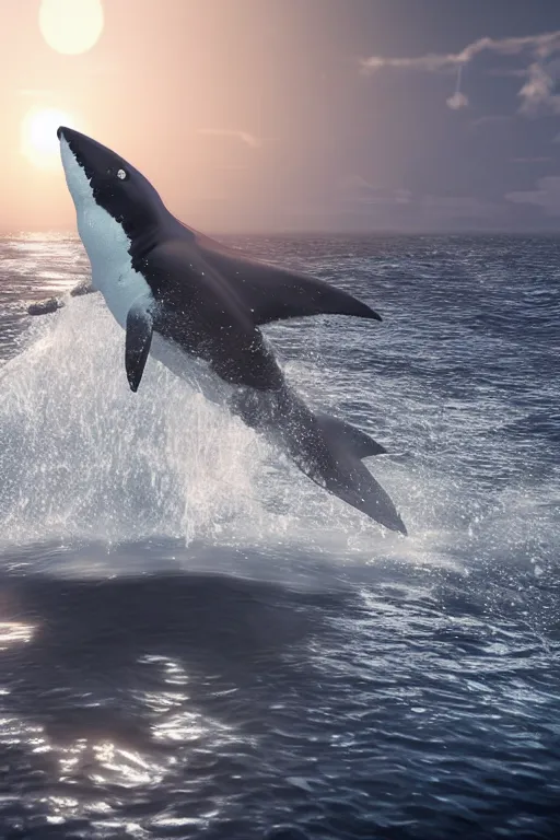 Image similar to huge white shark attacking a boat, scary cinematic scene, photorealistic. octane render