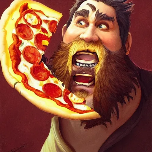 Image similar to portrait of gritty opening his mouth to eat pizza, also smashing pizza with his fists, highly detailed, digital painting, artstation, concept art, sharp focus, illustration, art by artgerm and greg rutkowski and alphonse mucha