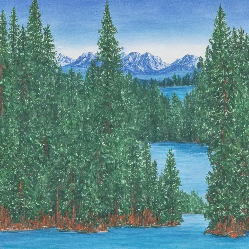 Prompt: a lake surrounded by pine trees with mountains in the background in the style of Bob Ross