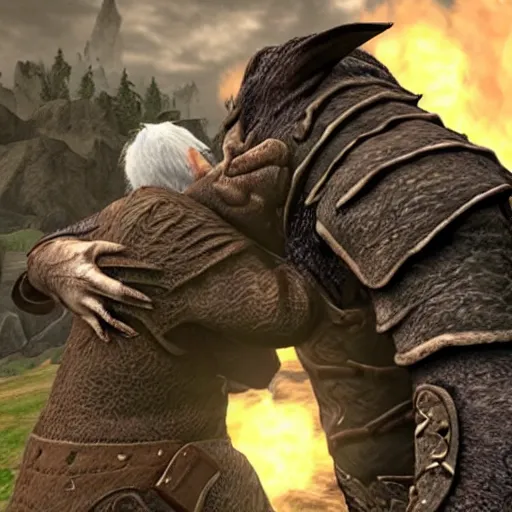 Prompt: bernie sanders hugging the dragonborn in hyrule