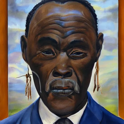 Image similar to a painting of a fatherly wide forehead, round face, XXL , loving, caring, generous, ever-present, humble, wise elder from Kenya in a suit by Wangechi Mutu . Fatherly/daddy, focused, loving, leader, relaxed, ethereal blue heavenly lights, details, smooth, sharp focus, illustration, realistic, cinematic, artstation, award winning, rgb , unreal engine, octane render, cinematic light, macro, depth of field, blur, red light and clouds from the back, highly detailed epic cinematic concept art CG render made in Maya, Blender and Photoshop, octane render, excellent composition, dynamic dramatic cinematic lighting, aesthetic, very inspirational, arthouse.