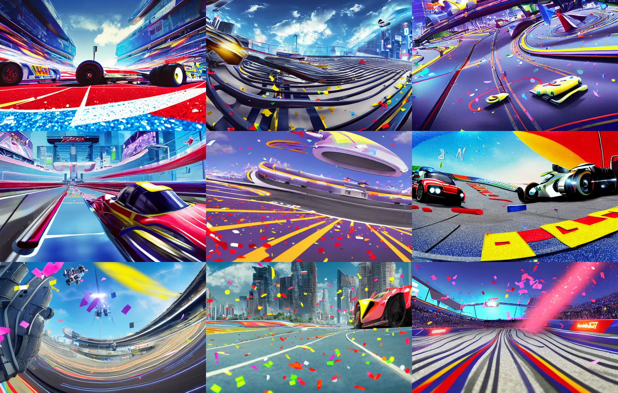 Prompt: cinematic low angle wide angle shot worms eye view of a realistic futuristic vehicle racetrack finish line with confetti on a sunny day with a clear blue cloudy sky angled toward sky, cyberpunk, digital painting, good value control, crowded stands, rule of thirds, golden ratio, horizon line focus, sharp focus, fourze, realistic textures, f zero, speed racer movie, 8 k