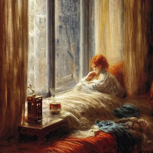 Prompt: on a rainy day, someone in home sits in bed, curled up under the covers, watching the rain outside the window, cinematic, artstation, extremely detailed, intricate, cinematic lighting, art by pierre - auguste renoir, arie johannes lamme, greg rutkowski