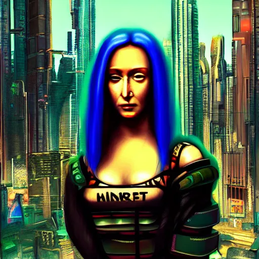 Image similar to Cyberpunk monalisa, cyberpunk in a cyberpunk city, 8k, trending on artstation, professionally detailed