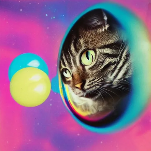 Prompt: Rainbow Lomotype candid photography of an astronaut brown tabby cat with a bubble as a helmet, visiting Saturn, surrounded by bubbles