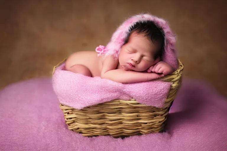 Image similar to beautiful sleeping newborn chubby baby girl wrapped in pink blanket inside a wooden basket on top of flowers and a furry pink carpet, newborn photography style, photographic, ultra realistic, highly detailed, octane render