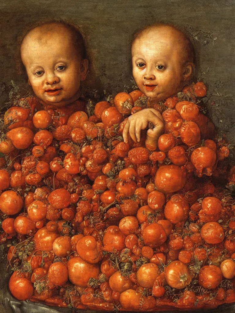 Image similar to a boy sitting in a tub full of tomato sauce, by giuseppe arcimboldo, renaissance, portrait, fruit, detailed oil paint, high definition