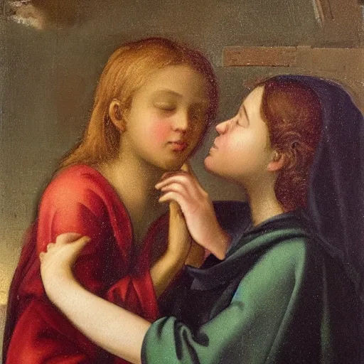 Image similar to an oil panting of a young jesus kissing maria maddalena