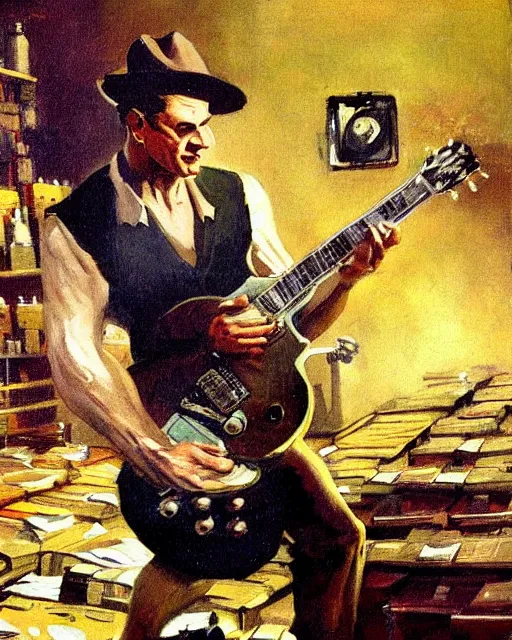 Image similar to Snake Oil salesman shredding on a Gibson Les Paul in a snake oil warehouse, painting by Frank Frazetta