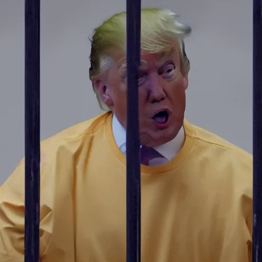 Image similar to donald trump wearing orange prison jumpsuit, locked behind bars, crying and whining.