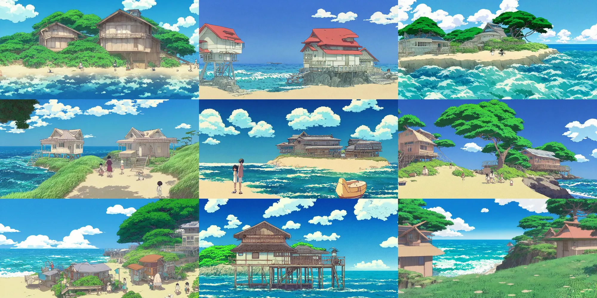 Prompt: atmospheric and nostalgic summer's day storybook painting by studio ghibli of a japanese beach house by the ocean, in the anime film by Makoto Shinkai