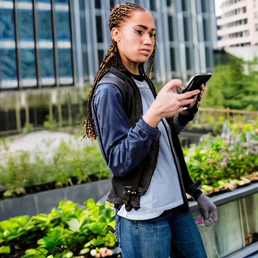 Image similar to candid photographic portrait of a poor techwear mixed young woman using a flip phone inside a dystopian city, closeup, beautiful garden terraces in the background, sigma 85mm f/1.4, 4k, depth of field, high resolution, 4k, 8k, hd, full color