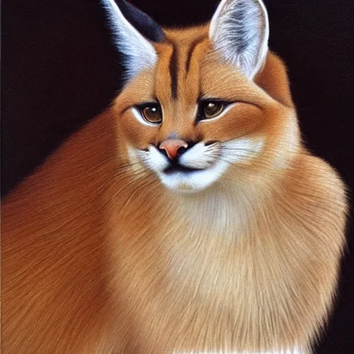 Image similar to cute fluffy caracal wearing laurel wreath, illustration, high detail, francine van hove