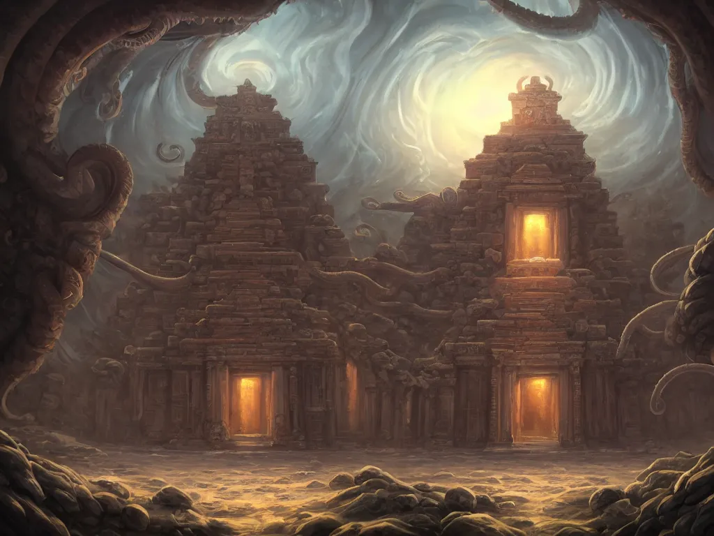 Prompt: A picture of a mysterious ancient temple with a massive entrance with tentacles coming out art by Noah Bradley and Tyler Edlin, ominous, cosmic horror, trending on artstation, Ultra detailed, hyper realistic, masterpiece 4k