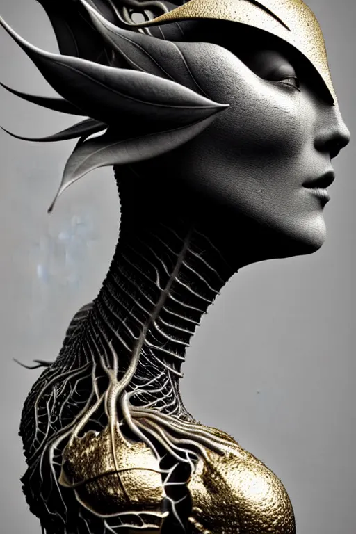 Image similar to bw close - up profile face, black background, beautiful young porcelain vegetal - dragon - cyborg - female, 1 5 0 mm, beautiful natural soft rim light, silver gold details, magnolia leaves and stems, roots, mandelbot fractal, elegant, ultra detailed, white metallic armour, octane render, h. r. giger style