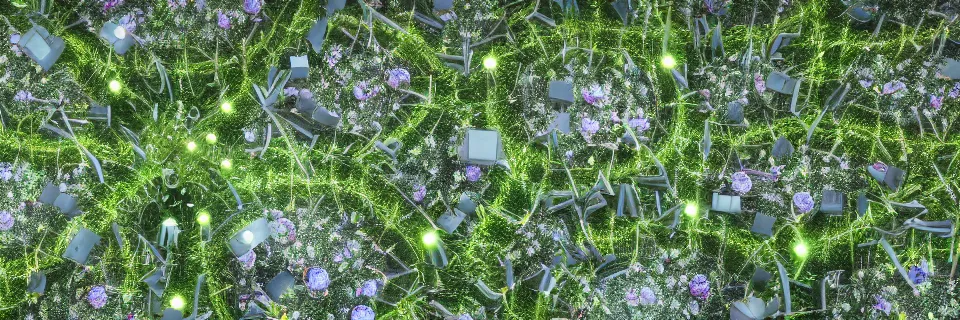 Prompt: Solarpunk synthetic plants blooming, close-up from above, reflections, 8k, stunning masterpiece, octane render, award winning, world press photo, futuristic, intense atmosphere