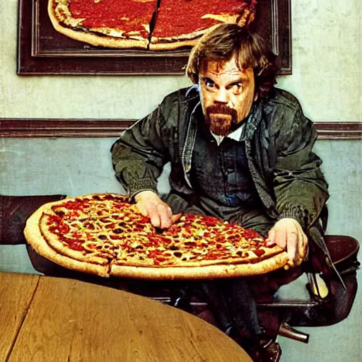 Image similar to peter dinklage eating pizza at a wooden table, artist norman rockwell,