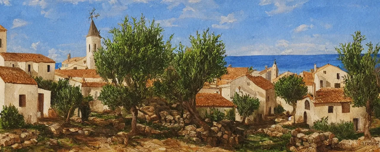 Image similar to painting_of_a_rural_French_medieval_village_by_the sea near olive trees by Aleksander_Rostov