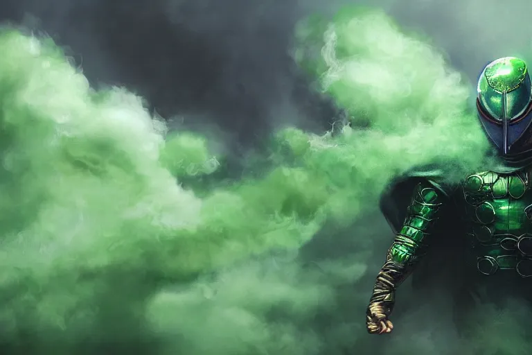 Prompt: Mysterio emerging from a cloud of green smoke, trending on Artstation, HD wallpaper, 4k, photorealistic, digital art, painted by Bayard Wu