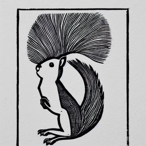 Image similar to squirrel face, cute, block print, simple stylized, black ink on white paper