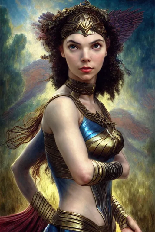 Image similar to Mystical Valkyrie, Gal Gadot, hybrid, Anya Taylor-Joy, Portrait of a beautiful female Reptilian warrior, Regal, Realistic, Refined, Detailed Digital Art, Josephine wall, Oil Painting, William-Adolphe Bouguereau, Art Frahm, Esao Andrews, Steampunk, Walt Disney (1937), Highly Detailed, Cinematic Lighting, Unreal Engine, 8k, HD