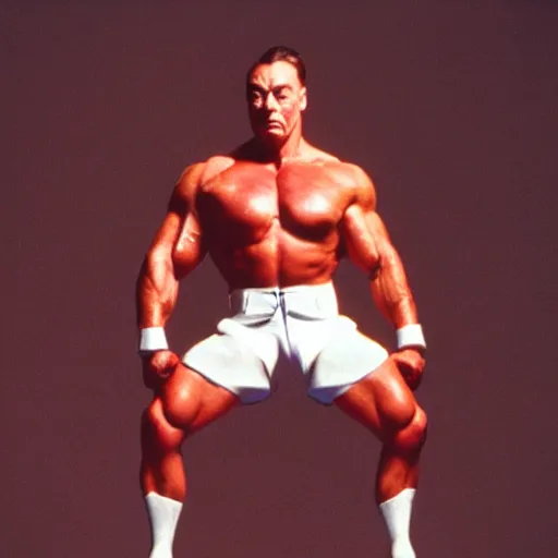 Prompt: Jean Claude Vandamme, 1992, doing the splits over a toilet, dramatic lighting, award winning, octane,