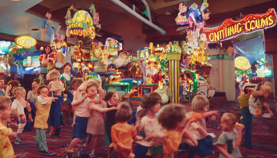 Image similar to 1990s candid 35mm photo of a beautiful day in the living room, cinematic lighting, cinematic look, golden hour, a miniature amusement park in the living room, kids dance and point at the roller coaster in the living room, small mascots run around the room, UHD