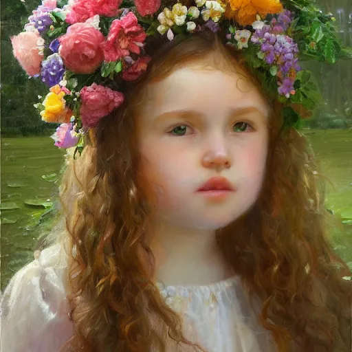 Image similar to a girl wearing a garland of flowers standing in the garden, beautiful, oil painting, artstation, soft light, highly detailed, sharp focus, by sophie anderson