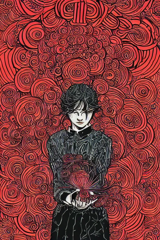 Prompt: a drawing of a person holding a red object, a manga drawing by Yuko Shimizu, behance contest winner, psychedelic art, psychedelic, cosmic horror, fractalism