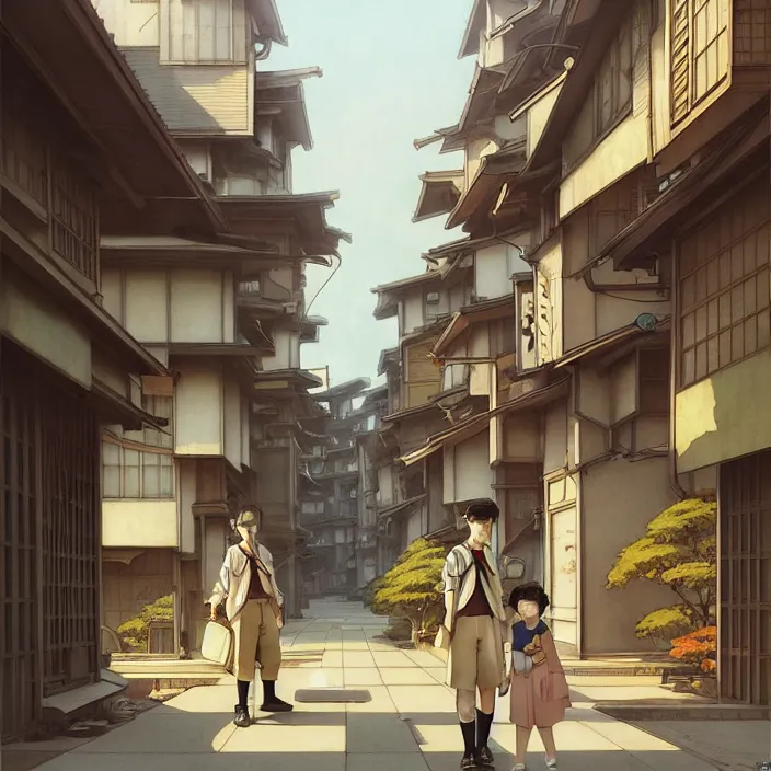 Image similar to empty tokyo neighborhood, spring, in the style of studio ghibli, j. c. leyendecker, greg rutkowski, artem