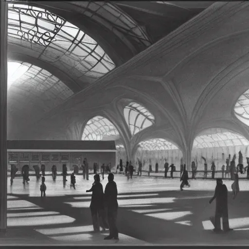 Image similar to a black and white photo of people in a train station, photograph by hal morey, a matte painting by hugh ferriss, featured on cg society, light and space, volumetric lighting, matte drawing, global illumination