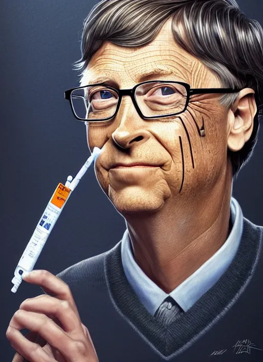 Image similar to bill gates as a reptiloid!!!, holding a syringe!!, portrait, intricate, elegant, highly detailed, digital painting, artstation, concept art, wallpaper, smooth, sharp focus, illustration, art by h. r. giger and artgerm and greg rutkowski and alphonse mucha