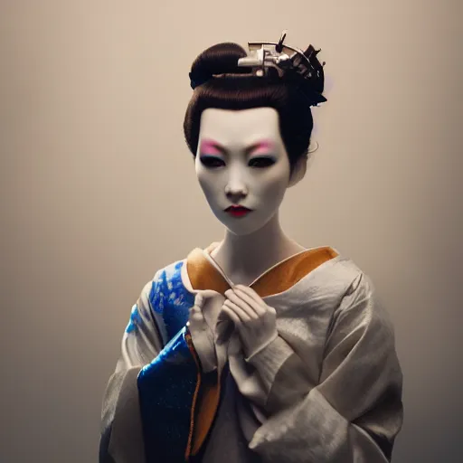 Image similar to an eerie but beautiful and feminine looking android, white mask and blue eyes, japanese geisha style, by Ash Thorp, 8k, octane render, highly detailed, moody, atmospheric