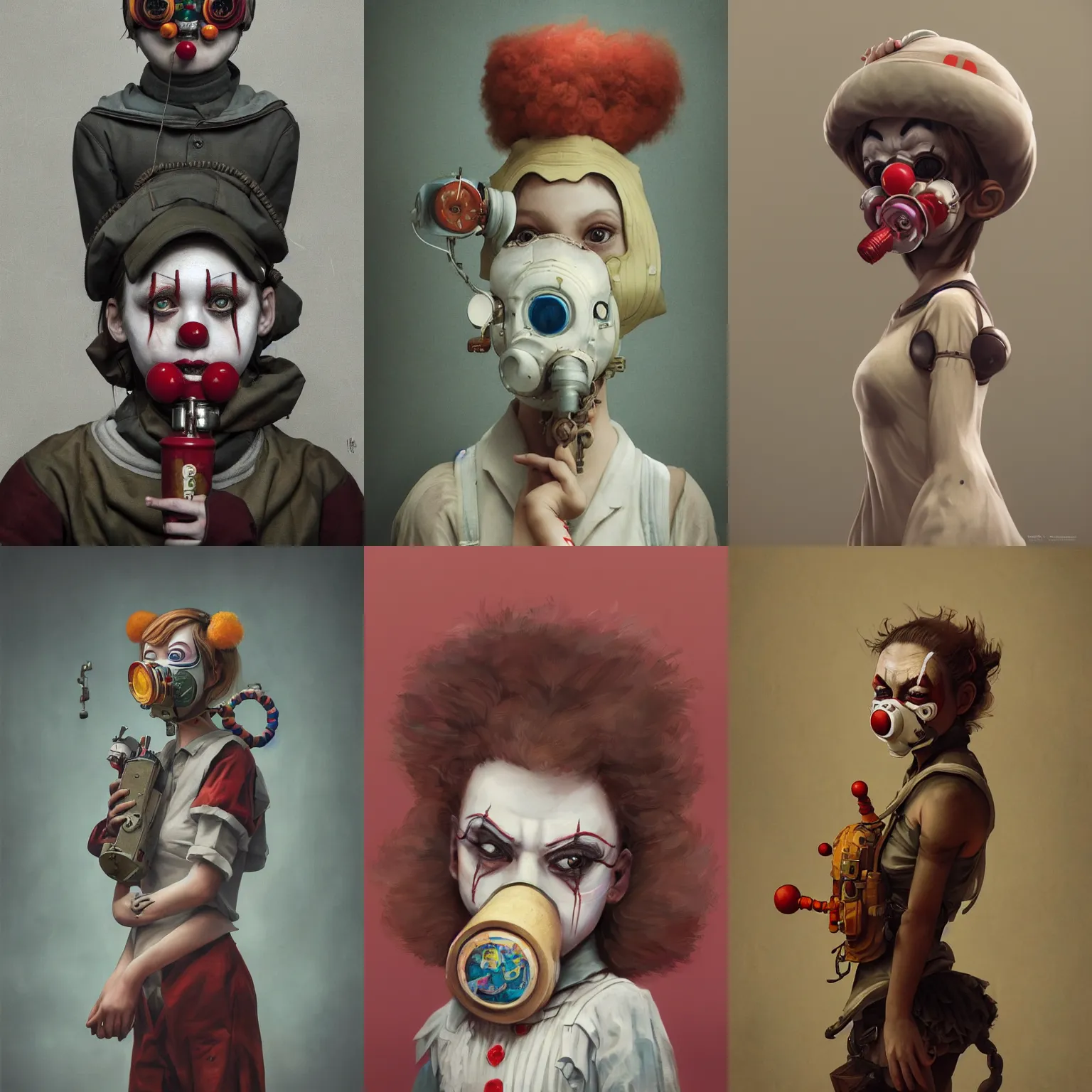 Prompt: breathtaking detailed painting of clown girl with antigas mask , with anxious, piercing eyes, art by Hsiao-Ron Cheng, Ja Miyazaki, extremely moody lighting, hyperrealistic, octane render, ambient light, dynamic lighting