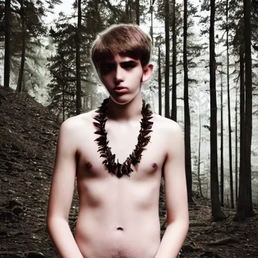 Image similar to a teenage boy, around 1 6 yo. choker necklace. natural brown hair. loincloth, pale skin. detailed face. ominous and eerie looking forest in background. natural colors. hyperrealistic photo.