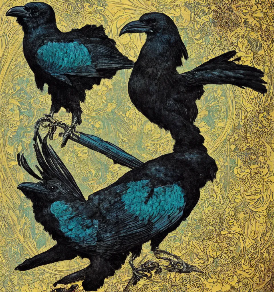 Prompt: photorealistic detailed victorian raven animal portrait painting, ornate dark turquoise and black and yellow ochre background with circle arch, art by friedrich schenk and alphonse mucha and walter crane and louis sullivan and greg hildebrandt