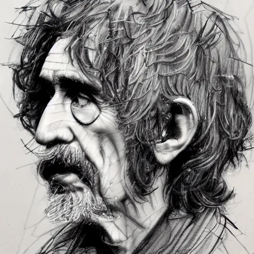 Prompt: a realistic yet scraggly portrait sketch of the side profile of a stern and sophisticated george harrison, trending on artstation, intricate details, in the style of frank auerbach, in the style of sergio aragones, in the style of martin ansin, in the style of david aja, in the style of mattias adolfsson