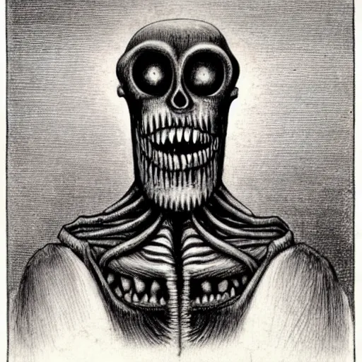 Image similar to humanoid with crooked teeth, two black eyes, long open black mouth, alien looking, big forehead, horrifying, killer, creepy, dead, slightly realistic, slightly red, long neck, boney, monster, tall, skinny, skullish, deathly, in the style of alfred kubin