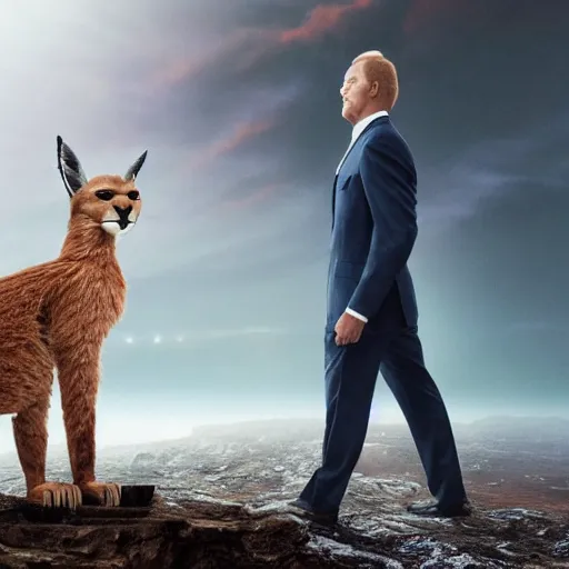 Image similar to A beautiful scene from a 2020 sci-fi film featuring a humanoid caracal wearing a suit. Detailed, photorealistic special effects.