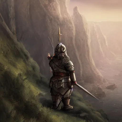 Prompt: A Dwarf clad in armor near the edge of a cliff that overlooks a small village, breathtaking shot, high details, medieval fantasy illustration, dark atmosphere, award winning, realistic art style, 8k resolution, trending on artstation