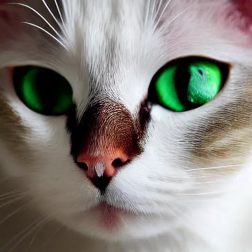 Image similar to [white cat with green eyes] to the left in the picture, [black cat with yellow eyes], to the right in the picture