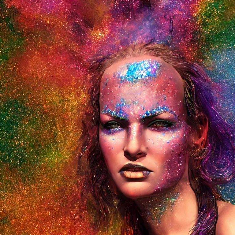 Prompt: 1 9 7 0's octane render portrait by wayne barlow and carlo crivelli and glenn fabry, the face of a beautiful woman wearing dramatic colorful iridescent glittery facepaint surrounded by colorful smoke and explosions and chunks of rock rubble, volumetric lighting and light rays, cinema 4 d, ray traced lighting, very short depth of field, bokeh