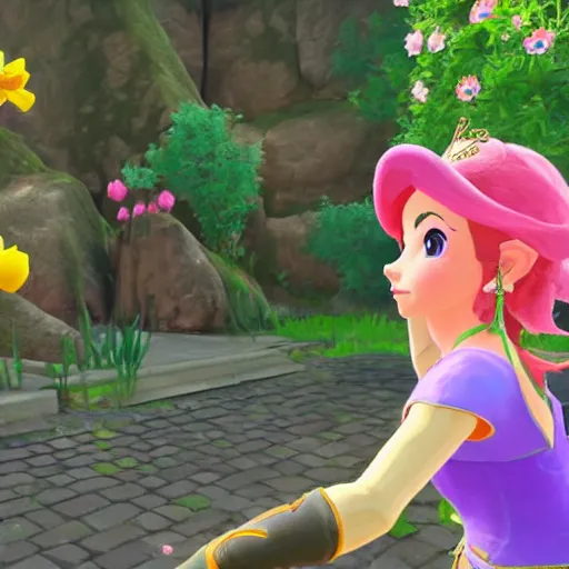 Prompt: princess peach admiring a flower in breath of the wild, in - game render, cell - shading, wide angle shot